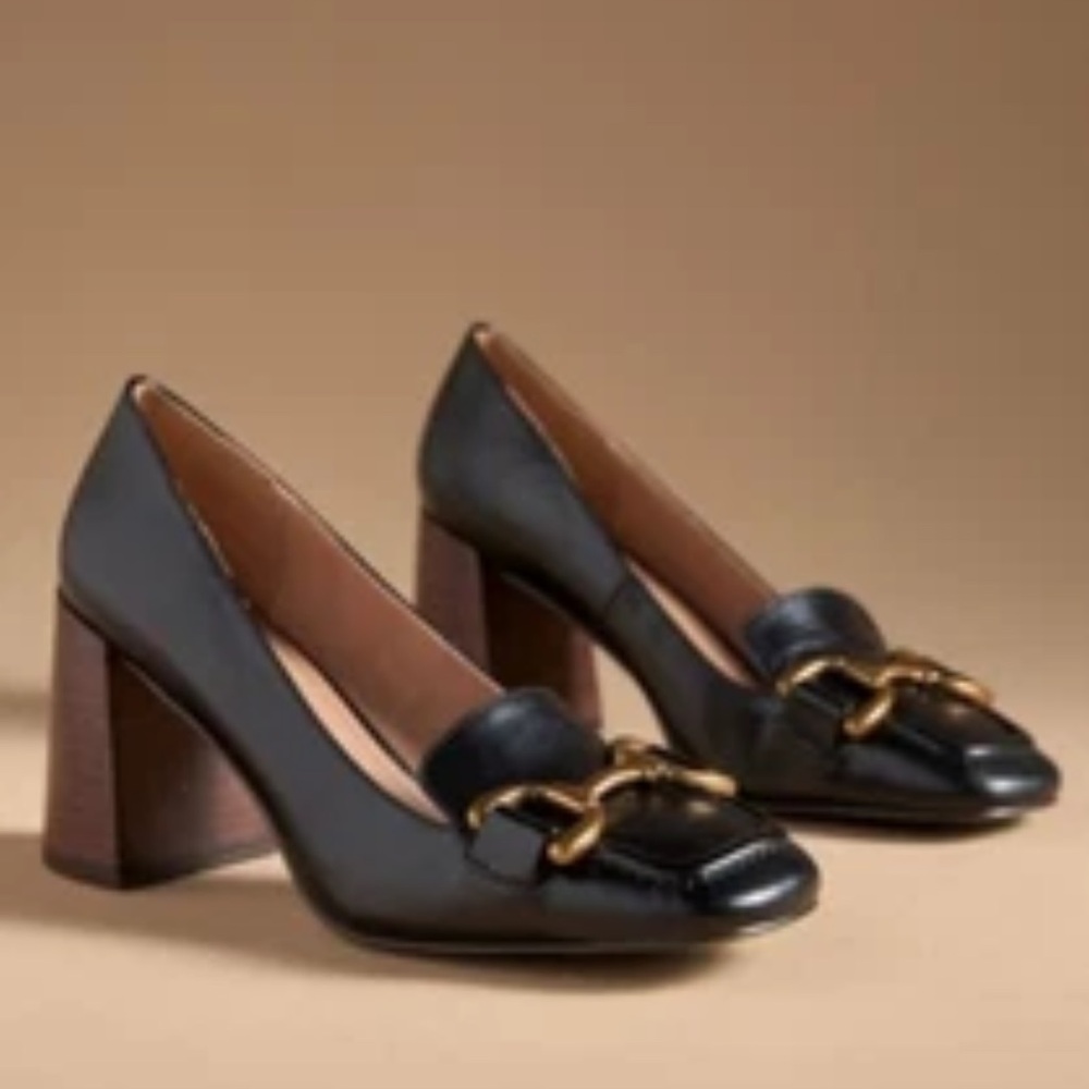 Anthropologie Bibi Lou Zagred Wood Stacked Heel Black Leather